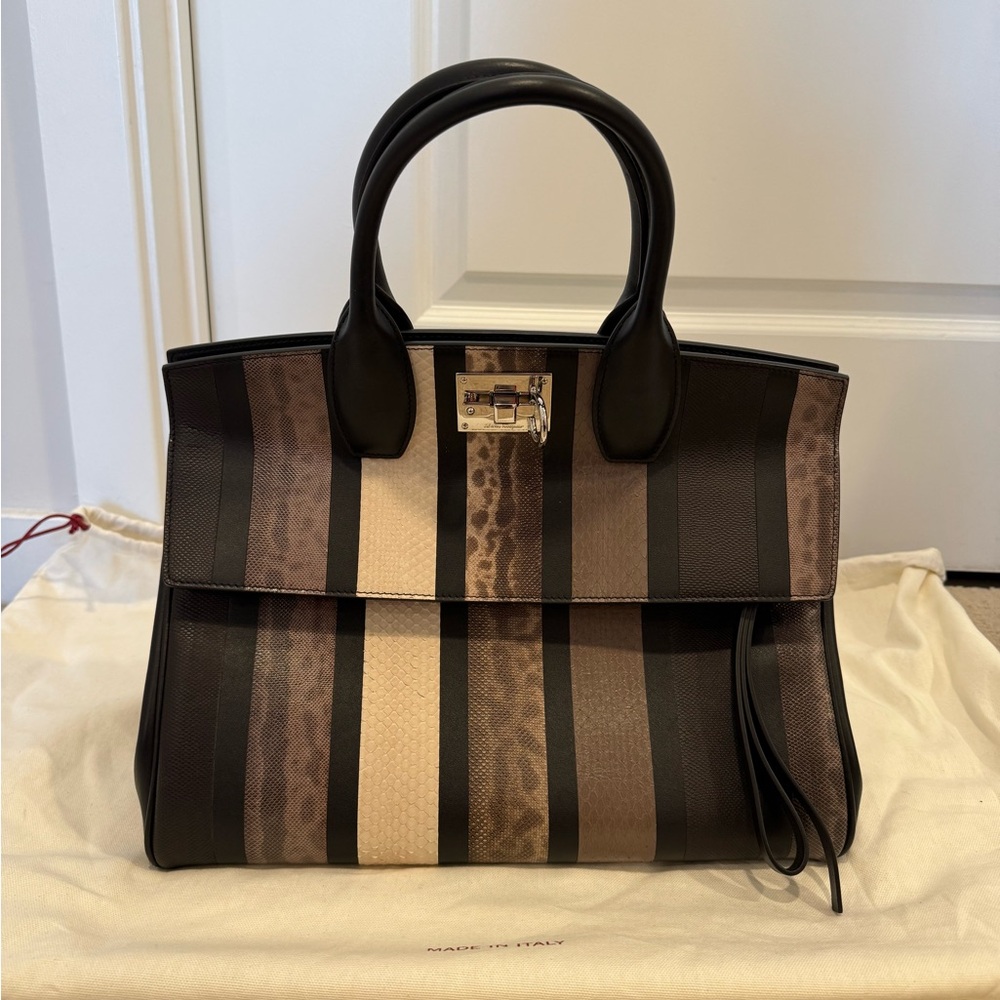 Salvatore Ferragamo Studio Satchel Striped Snakeskin Medium